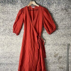 Madewell Dress Womens XS Red Wrap Puff Sleeve Linen Midi Tie Waist Style A0239